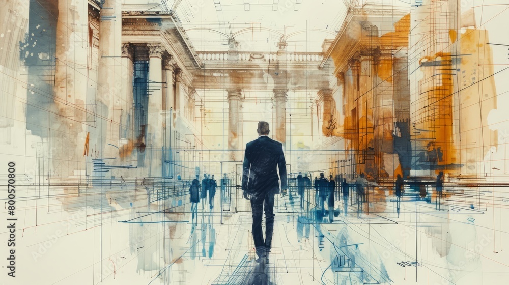Obraz premium A man in a suit walking through a busy city street with a determined look on his face. The background is blurred and there are people walking in both directions.