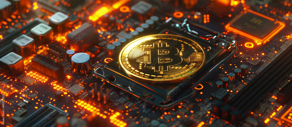 Bitcoin on a blockchain motherboard concept backgrond, 3d render banner illustration.
Bitcoin on a blockchain motherboard concept backgrond, 3d render banner illustration.