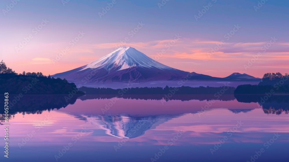 Fototapeta premium A serene sunrise scene with Mount Fuji silhouetted against a pastel-colored sky, heralding the start of a new day in Japan's iconic landscape.