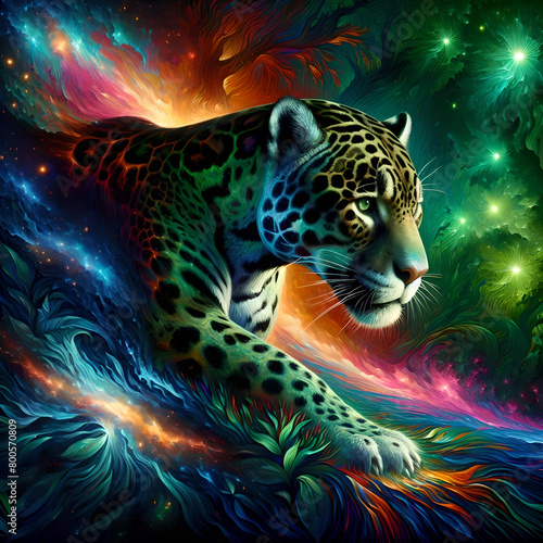 jaguar prowling between jungle green and cosmic twilight 