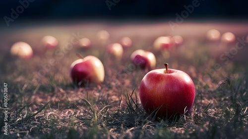A field of apples with the sun behind them.