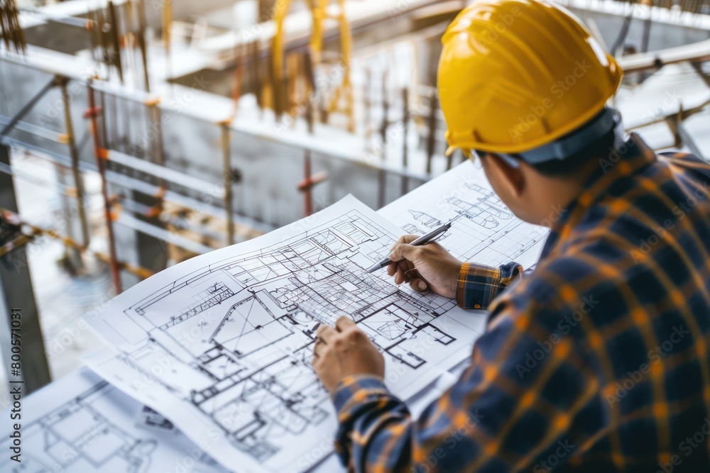 Architect in a checkered shirt with hard hat is absorbed in reviewing detailed construction blueprints on a building site Architect in a checkered shirt with hard hat is absorbed in reviewing detailed construction blueprints on a building site