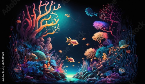 a graphics abstract underwater world with glowing corals and sea creatures, a neon inspired design of a colorful, set against a dark, abstract background © positfid