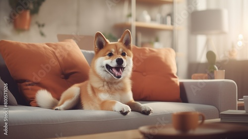 happy dog is lying on a cozy sofa in a modern living room. © hamad