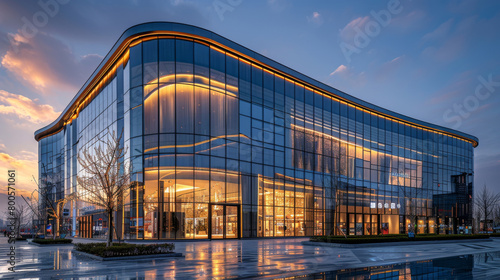 Exterior of futuristic ultra-modern shopping center. Contemporary architecture, characterized by sleek lines, geometric shapes, innovation, and metallic surfaces. Architectural design concept.