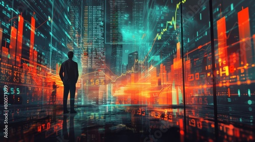 A man standing in a digital city.