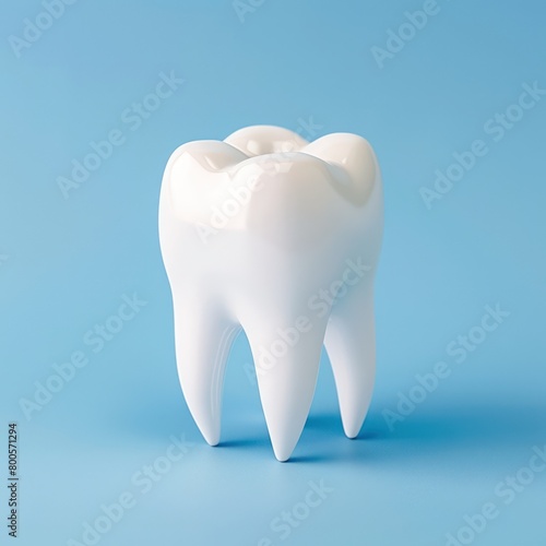 This detailed 3D render showcases a pristine white human tooth against a calming blue background, emphasizing dental health