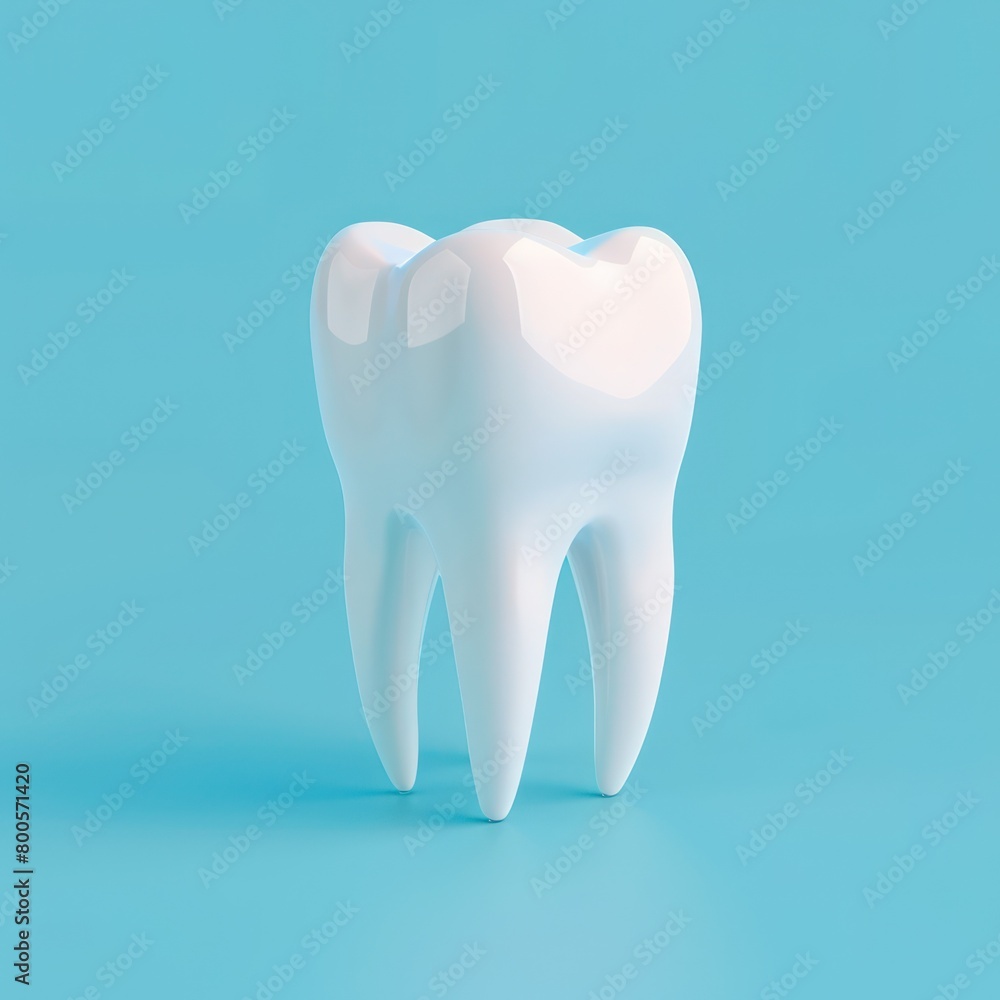 The image presents a 3D rendered tooth with a focus on its glistening enamel, against a tranquil blue background The image presents a 3D rendered tooth with a focus on its glistening enamel, against a tranquil blue background