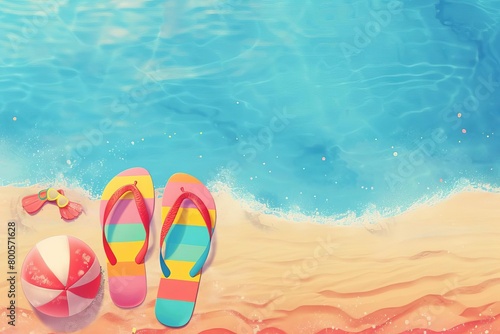 colorful flipflops beach ball and snorkel on sandy shore evoking carefree summer vacation vibes concept illustration