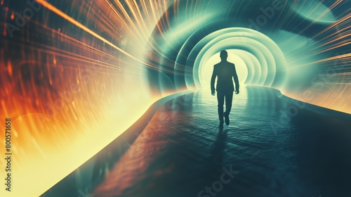 Journey to Innovation: Silhouette of a Businessman Walking Through an Abstract Portal of Light 