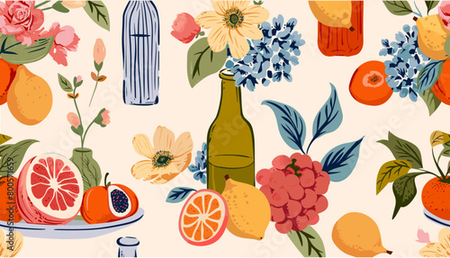 Illustration of classical still life pictures set with flowers in vase, fruits on plate, drink bottle. seamless pattern background wallpaper. vintage style, decorative design, traditional art