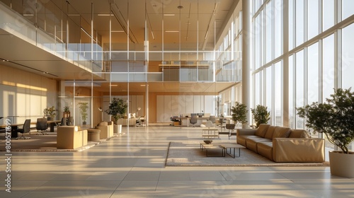A modern office space with large windows, plants, and a comfortable seating area