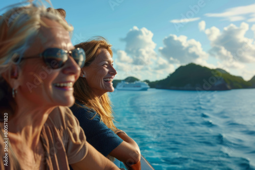 People on a cruise ship smiling and looking out on the sea and islands. Generative AI