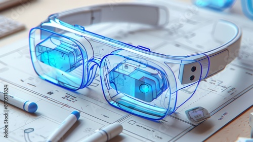 A pair of transparent augmented reality glasses are placed on top of a blueprint.