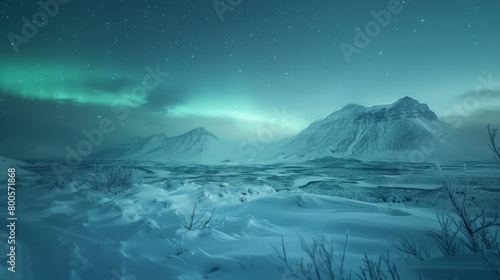 A snow-covered landscape bathed in the soft glow of the northern lights, evoking a sense of tranquility and wonder.