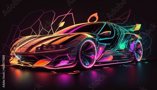 a closeup futuristic car with sleek lines and neon-colored lights  set against a dark  an abstract neon design of a glowing  abstract background