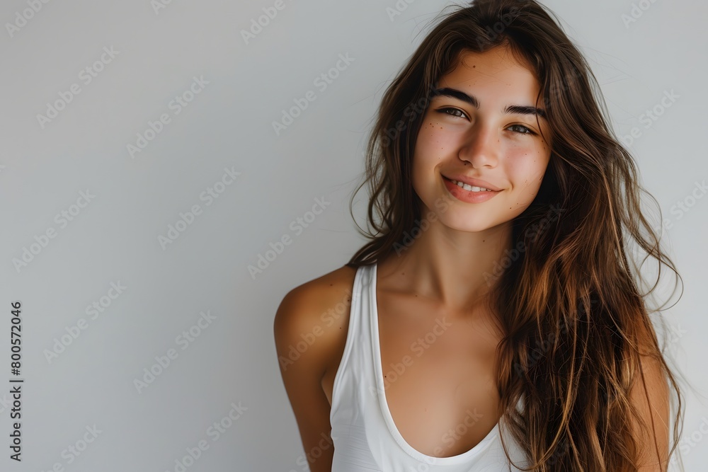 Portrait of beautiful smiling girl in white t-shirt on a light solid background. Portrait of beautiful smiling girl in white t-shirt on a light solid background.