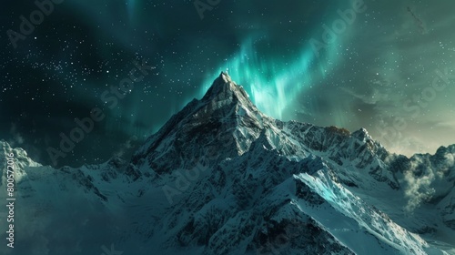 A snow-covered mountain peak with the northern lights shimmering above, creating a surreal and breathtaking vista.