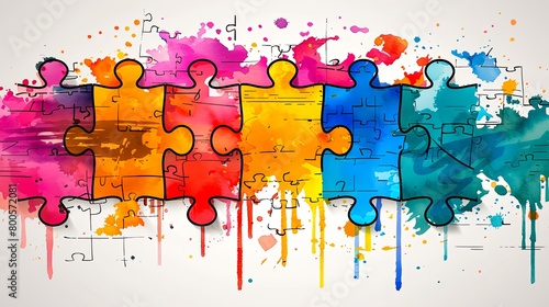 Colorful puzzle pieces with watercolor background