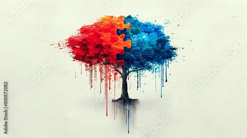 Colorful watercolor painting of a tree made of two puzzle pieces.