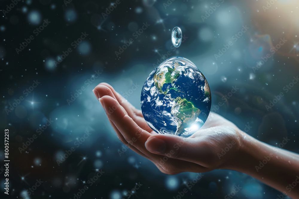 A hand lifting a water drop against the cosmos Earth visible within symbolizing global responsibility A hand lifting a water drop against the cosmos Earth visible within symbolizing global responsibility