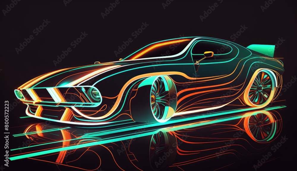 an illustration futuristic car with sleek lines and neon-colored lights, set against a dark, an abstract neon design of a glowing, abstract background