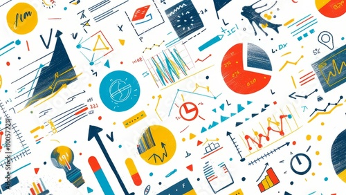 A seamless pattern of hand-drawn charts, graphs, diagrams, and other data visualizations.
