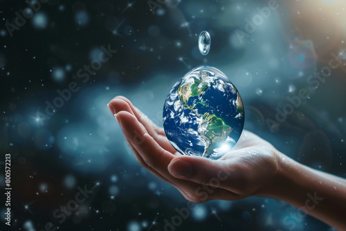 A hand lifting a water drop against the cosmos Earth visible within symbolizing global responsibility 