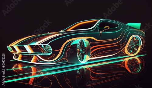 an illustration futuristic car with sleek lines and neon-colored lights  set against a dark  an abstract neon design of a glowing  abstract background