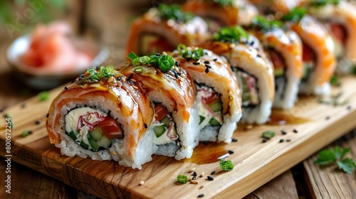  A close-up of a sushi roll on a cutting board with sauce and garnishes