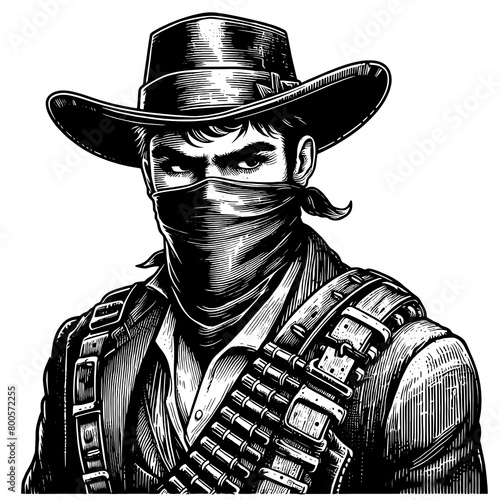 rugged outlaw from the Old West, wearing a bandana and ammo bandolier, stern look sketch engraving generative ai fictional character PNG illustration. Scratch board imitation. Black and white image photo