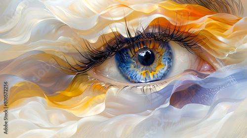 An eye with long black eyelashes. The eye is blue and yellow. The background is white with yellow and blue splashes.