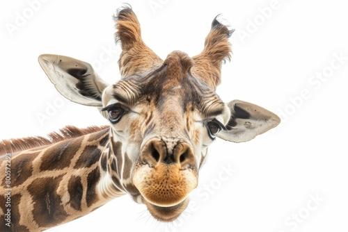 curious giraffe tilting head upside down comical pose isolated on white photo