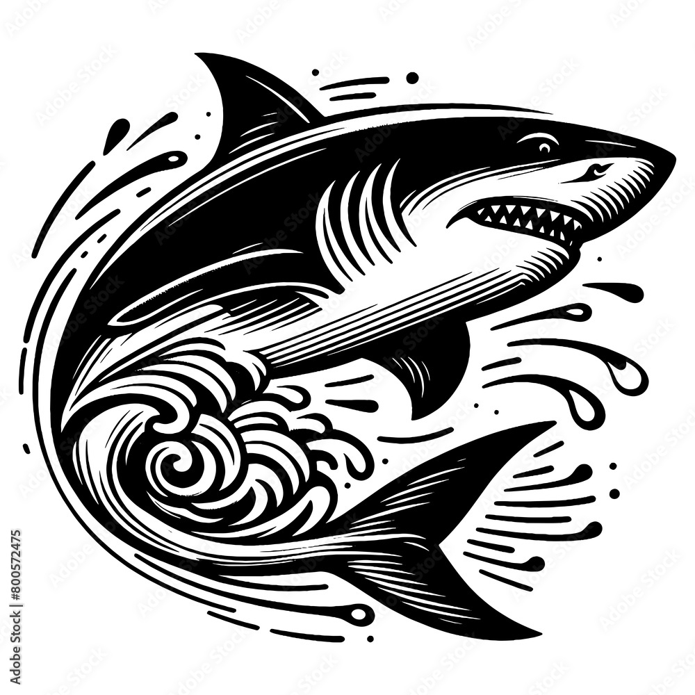 shark surrounded by ocean waves and abstract sea elements tattoo sketch engraving generative ai fictional character PNG illustration. Scratch board imitation. Black and white image. T-shirt design