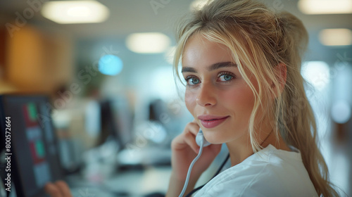 Young nurse answering phone call while working on desktop PC at reception desk in hospital.