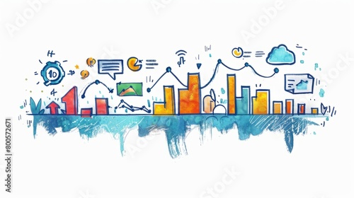 A watercolor painting of a cityscape with various graphs and charts representing data.