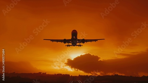 A stunning sunset silhouette of a passenger jet landing against an orange sky, embodying the romance and excitement of travel.