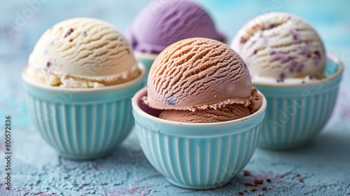   Blue bowl with three scoops of ice cream and other ice creams on a blue tablecloth