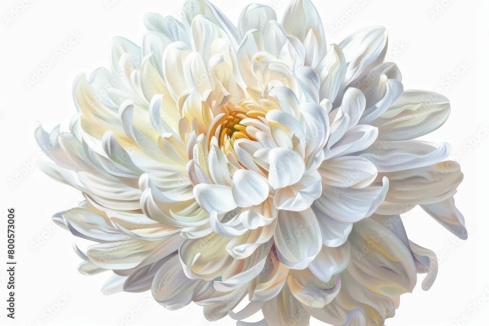 delicate white chrysanthemum flower in full bloom with soft petals and yellow center isolated on pure white background floral still life oil painting