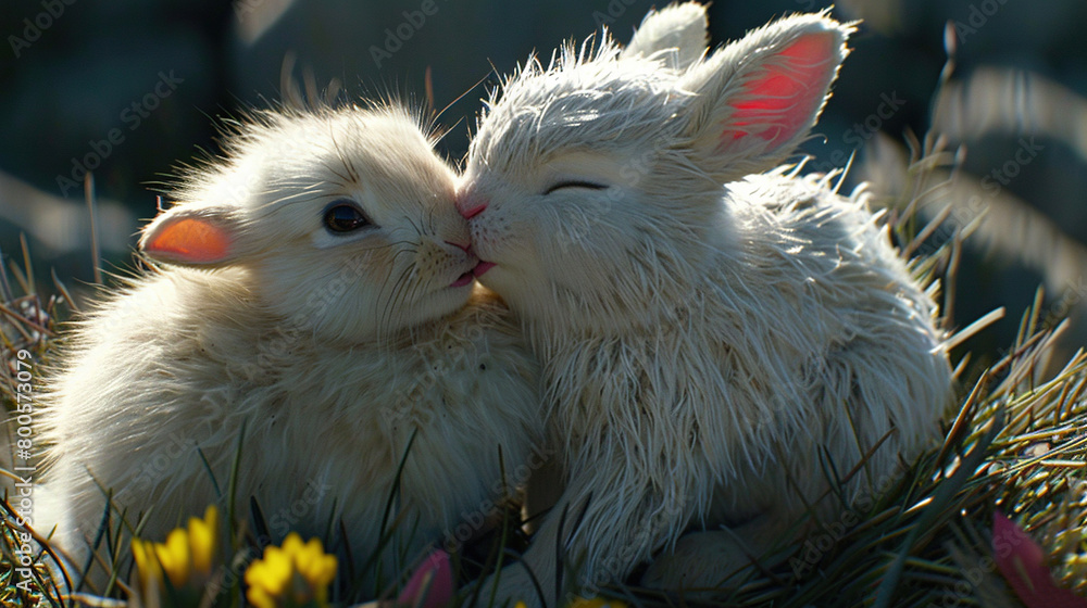   A pair of white rabbits perched atop a green meadow surrounded by colorful blossoms