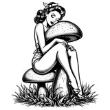 woman sitting on large mushroom in fantasy-like setting, evoking fairy tale mood sketch engraving generative ai fictional character PNG illustration. Scratch board imitation. Black and white image.