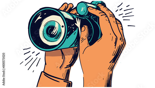 Vector illustration of Human hands with spyglass telescope. Searching, finding, web surfing, looking for opportunities concept. Big eye on lens. Isolated design element, template, Exploration.