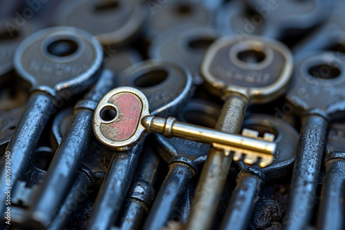 A key lying apart from a pile of identical keys, symbolizing the unique solution that leadership provides 