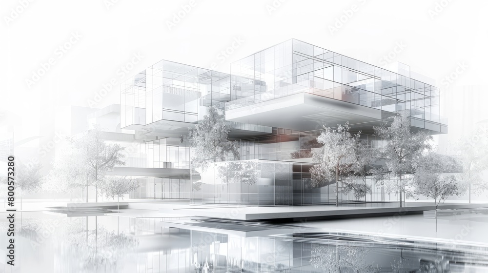 An architectural rendering of a modern glass and steel house with a pool