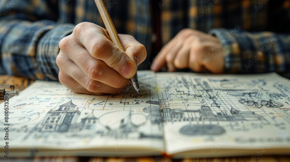 An artist drawing intricate patterns in his sketchbook. An artist drawing intricate patterns in his sketchbook.