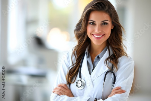 Confident Female Doctor Smiling at Modern Medical Clinic