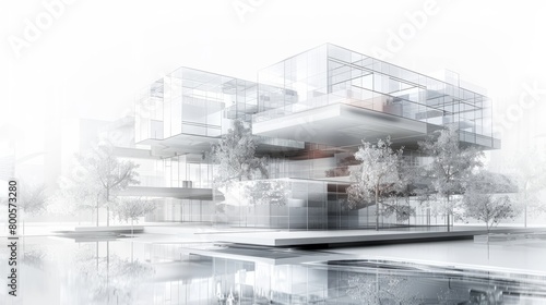An architectural rendering of a modern glass and steel house with a pool