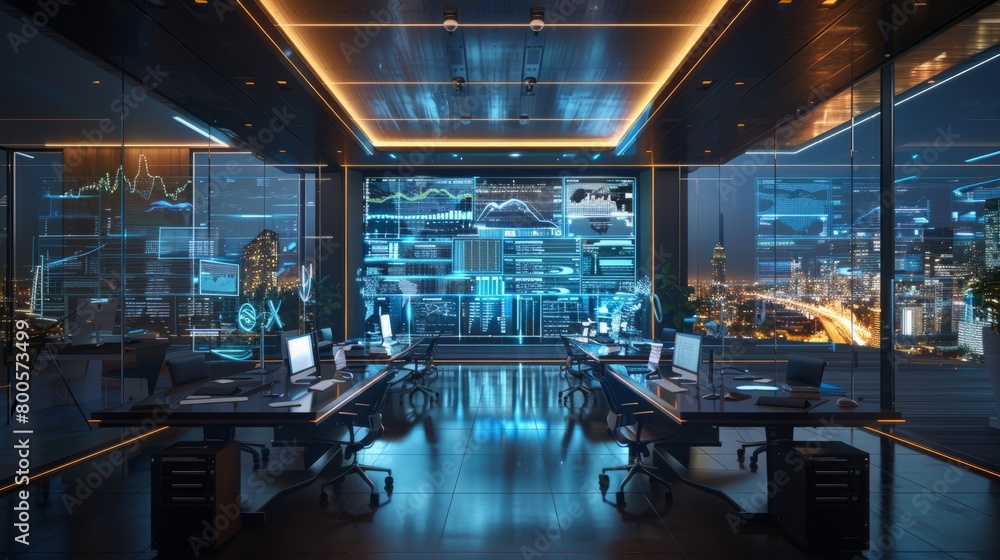 An empty office space with glass walls looking out onto a night cityscape. There are several desks with computers and a large screen on the wall with graphs and data.
