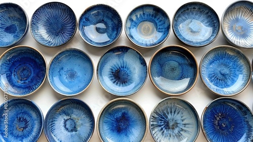   A set of cerulean vessels positioned atop a monochrome countertop adorned with multifarious azure swirls of varying configurations