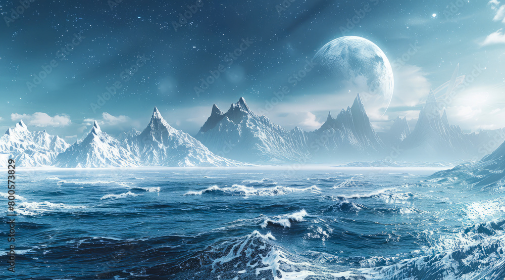 Fototapeta premium A planet with beautiful alien landscape. Extraterrestrial space travel to a different world